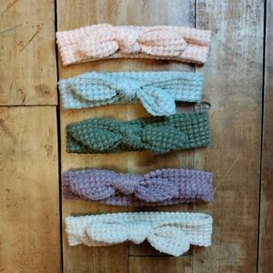 Baby girl headbands waffle knit knot tie gray green pink bundle 5 holiday